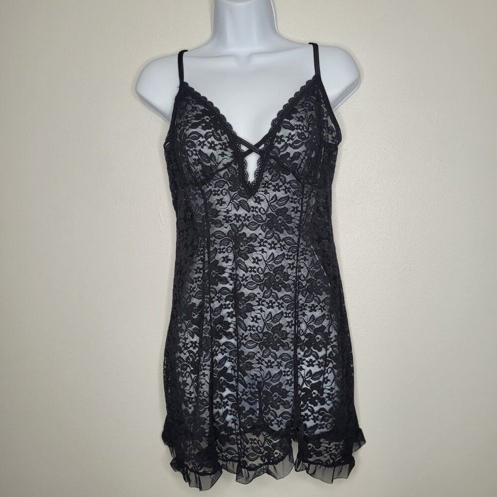 Secret Treasures black lace grunge goth layering slip ruffle mini slip dress M